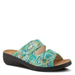 Spring Step Shoe Flexus Bellasa Women's Printed Leather Slide Sandal GREEN MULTI